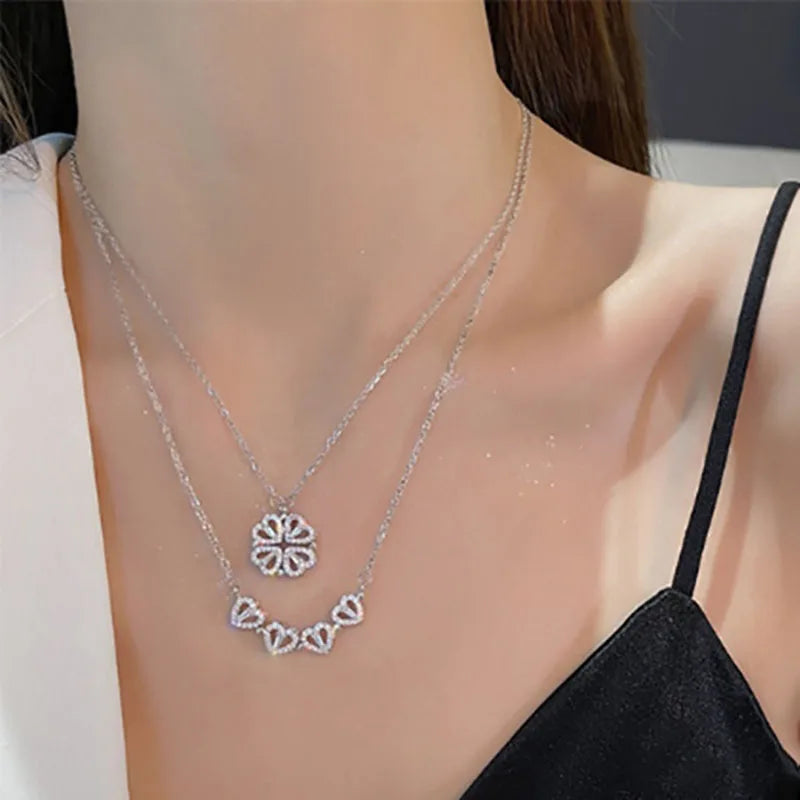 Heart Shaped Four Leaf Clover Pendant Necklace Silver Gold Jewelry Zircon Women Love Clavicle Chain Gifts Openable ChokerJewelry