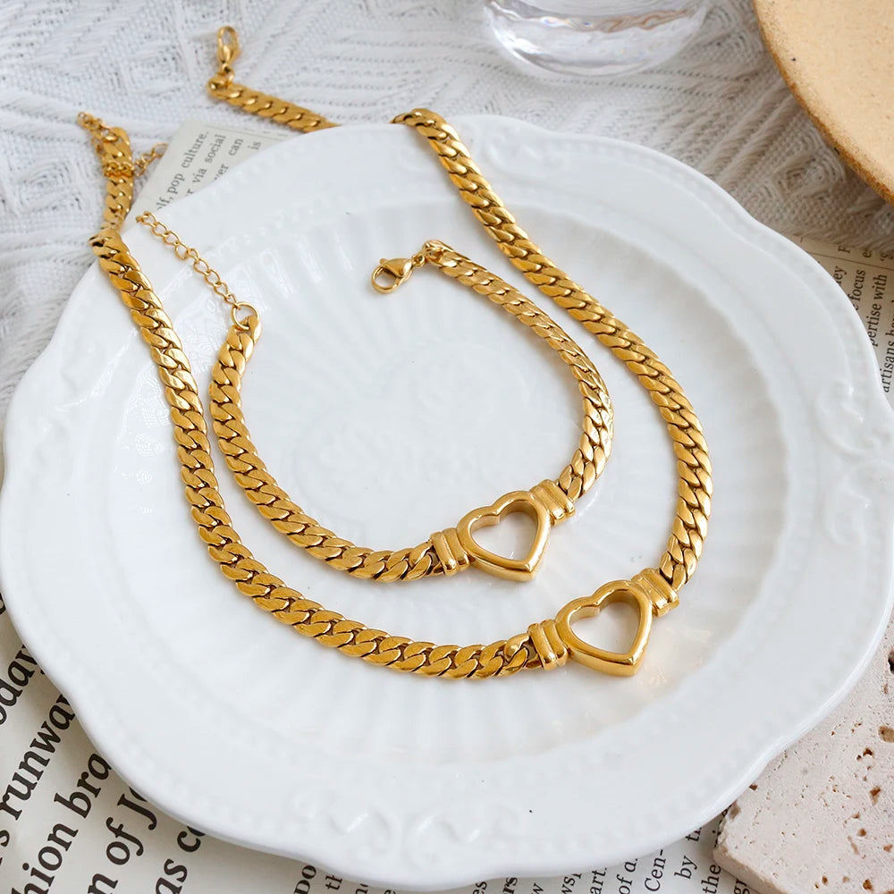Fashion Gold Plated Waterproof Stainless Steel Jewelry Set, Luxury Heart Shape Bracelet Set for Women