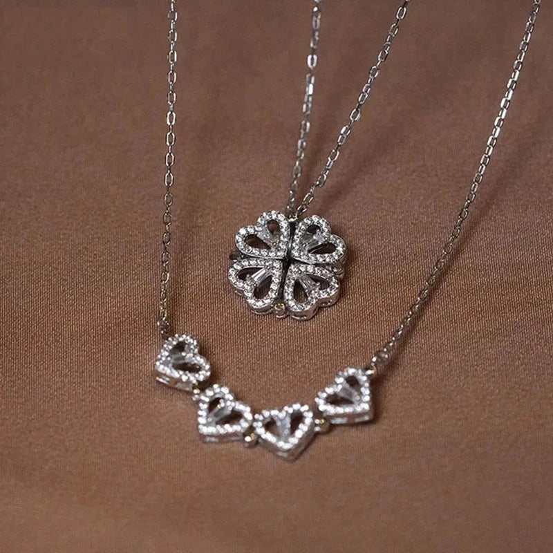 Heart Shaped Four Leaf Clover Pendant Necklace Silver Gold Jewelry Zircon Women Love Clavicle Chain Gifts Openable ChokerJewelry